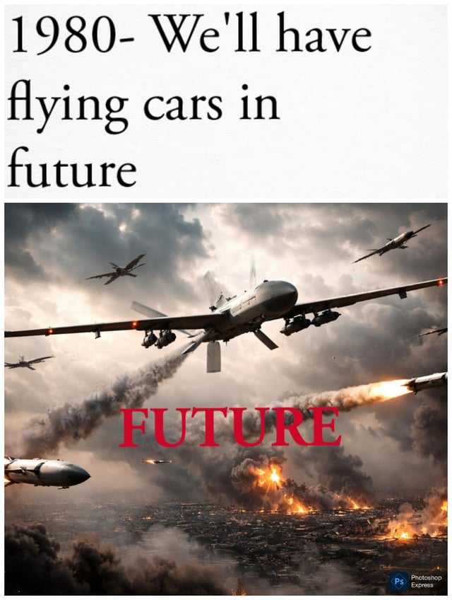 This is a single-panel two-section satirical meme that contrasts 1980s-era expectations of future technology with modern reality. The top section contains text stating that in 1980, people predicted we would have flying cars by the future. The bottom section shows a dramatic combat scene of multiple armed military drones and fired missiles attacking a city, with large explosions and smoke covering the area, overlaid with bold red text that says 'FUTURE'. The meme jokes that instead of the optimistic, civilian-focused futuristic technology (flying cars) that people expected decades ago, the major advancement we have achieved in the future is widespread military drone and missile warfare.