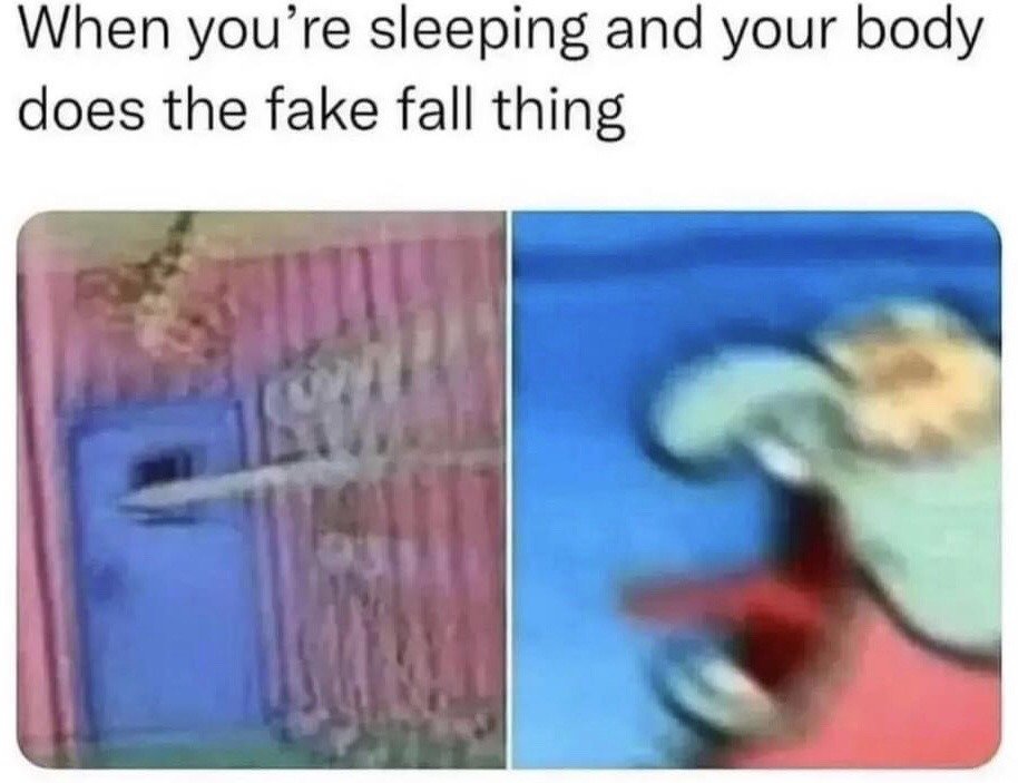 This is a two-panel relatable reaction meme. The top text reads "When you're sleeping and your body does the fake fall thing", referring to the common hypnic jerk experience where people feel a sudden falling sensation while drifting off to sleep, which typically causes them to jolt awake abruptly. The left panel shows Squidward Tentacles from the animated series SpongeBob SquarePants standing calmly inside his home next to his front door, representing the peaceful half-asleep state right before the hypnic jerk occurs. The right panel shows Squidward being violently launched through the air against a blue sky background with a panicked demeanor, which visually represents the sudden, jarring fake falling sensation of the hypnic jerk.
