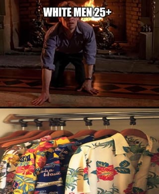 A two-panel meme consisting of a top panel showing a real man with the text 'WHITE MEN 25+' overlaid, and a bottom panel displaying a rack of colorful Hawaiian shirts with floral patterns. The meme humorously implies a stereotype that men aged 25 and older frequently wear Hawaiian shirts.