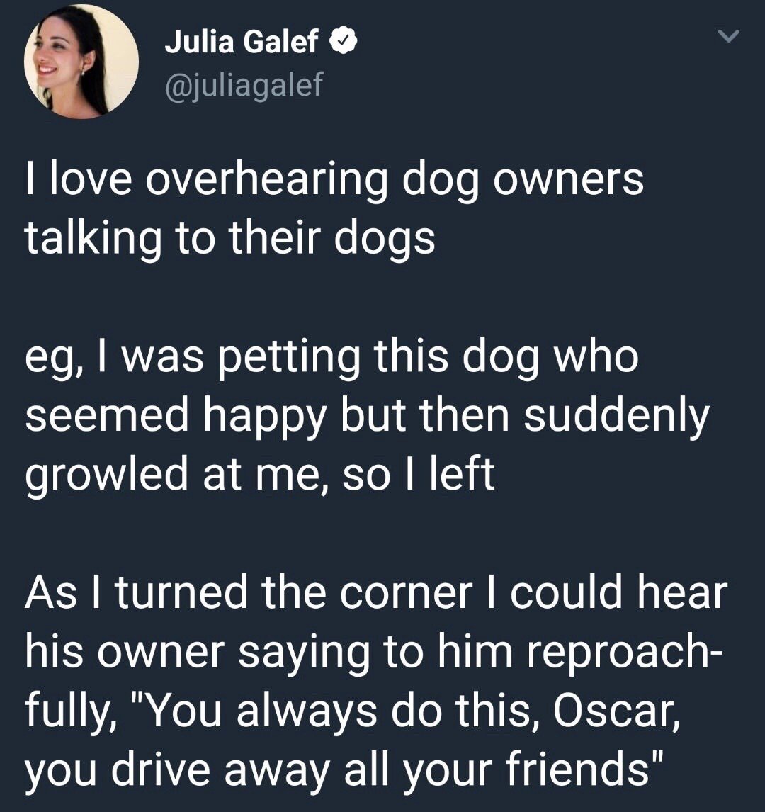 This image is a screenshot of a public post from X (formerly Twitter) by verified user Julia Galef. The post recounts a short, humorous personal anecdote: the author states she enjoys overhearing dog owners speak to their pets, then shares a story where she was petting a seemingly happy dog that unexpectedly growled at her, prompting her to leave. After turning the corner, she heard the dog's owner scold the dog, named Oscar, saying reproachfully, 'You always do this, Oscar, you drive away all your friends'. The humor comes from the owner personifying the dog, framing his normal protective/standoffish canine behavior as rude social conduct that causes him to lose friendships.