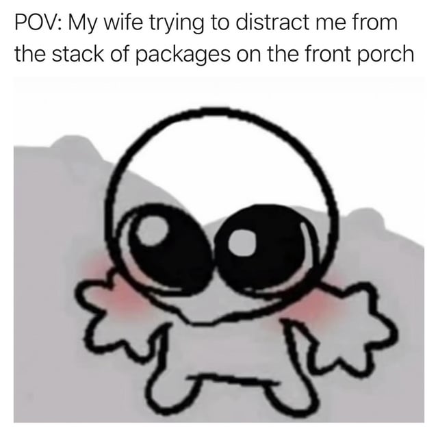 A meme featuring a top text reading 'POV: My wife trying to distract me from the stack of packages on the front porch' above a simple black-and-white digital drawing. The cartoon character has an oversized, round head, enormous circular eyes, blushing pink cheeks, and a minimalistic body, conveying an exaggeratedly cute and innocent expression. The background is a plain gray gradient, keeping focus on the character. The humor stems from the relatable scenario of a partner playfully hiding purchases, amplified by the character's overly sweet demeanor implying an attempt to deflect attention.