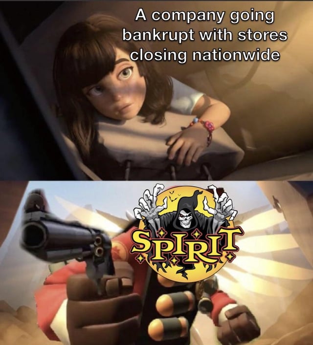 This is a two-panel edited meme referencing the well-known business practice of Spirit Halloween, a United States seasonal costume retail chain. The top panel features the *Overwatch* character Mei looking resigned and apathetic, with text overlay reading "A company going bankrupt with stores closing nationwide". The bottom panel features *Overwatch* character Soldier: 76 pointing a shotgun directly at the viewer, with the official Spirit Halloween logo edited over his face. The joke rests on the widely known fact that Spirit Halloween exclusively operates temporary pop-up stores in recently vacated commercial retail spaces, so whenever a national chain declares bankruptcy and closes all its physical locations, Spirit Halloween immediately benefits from the newly available storefronts to host their seasonal Halloween sales.