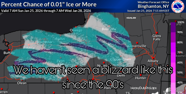 A weather forecast map from the National Weather Service's Binghamton, NY office, displaying a 'Percent Chance of 0.01" Ice or More' for the period January 25-28, 2026. The map uses a blue-to-purple gradient to indicate ice probability across New York state, with regions like Rochester, Syracuse, and Albany highlighted. Overlaid in large, bold white text is the caption: 'We haven't seen a blizzard like this since the 90's,' creating a humorous exaggeration by equating a minor ice event (0.01" threshold) to a historic blizzard.