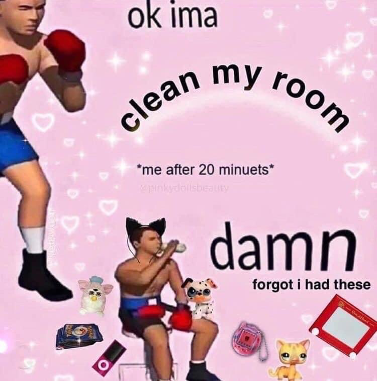 This relatable meme uses a soft pink background decorated with white sparkles and heart shapes. At the top, the iconic low-poly male boxing player character from Nintendo's Wii Sports stands in a fighting stance next to text reading 'ok ima clean my room'. Below this, text marked with asterisks reads '*me after 20 minuets*', a common casual misspelling of 'minutes' frequently used in meme content. The same boxing character is now shown sitting down, wearing black cat ears, drinking from a bottle, and surrounded by widely recognizable 2000s and early 2010s nostalgic items: a Furby, Pokemon trading cards, an iPod Nano, a Dalmatian Littlest Pet Shop figure, a Tamagotchi, a yellow cat Littlest Pet Shop figure, and an Etch A Sketch. Text next to the seated character reads 'damn forgot i had these'. The joke centers on the common experience of people attempting to clean their room getting distracted by forgotten childhood items, abandoning their cleaning task to revisit their old possessions.