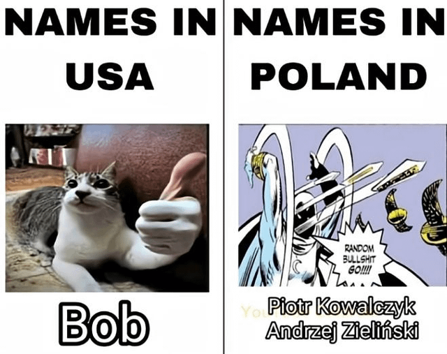This is a two-panel comparison meme joking about the difference in common naming conventions between the United States and Poland. The left panel, labeled 'NAMES IN USA', features the popular edited thumbs-up cat meme (a cat photoshopped to have a human hand giving an approving thumbs up) paired with the short, simple common US name 'Bob'. The right panel, labeled 'NAMES IN POLAND', uses the chaotic 'Random bullshit go' Moon Knight comic reaction meme, paired with two long, complex common Polish names: 'Piotr Kowalczyk' and 'Andrzej Zieliński'. The humor comes from contrasting the short, uncomplicated US name (represented by the calm, approving cat) with the longer, more complex Polish names (represented by the chaotic, high-energy comic panel).