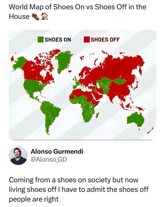 The image features a world map titled 'World Map of Shoes On vs Shoes Off in the House' with shoe (👟) and house (🏠) emojis. The map uses color coding: green for 'SHOES ON' regions and red for 'SHOES OFF' regions. Geographically, most of Asia, Europe, and parts of Africa are shaded red (shoes off), while the Americas, Australia, and some African countries are green (shoes on). Below the map, there is a user comment from Alonso Gurmendi (@Alonso_GD) stating, 'Coming from a shoes on society but now living shoes off I have to admit the shoes off people are right,' accompanied by his profile picture.