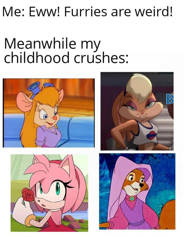 This meme uses a classic double standard joke format. The top text states the poster claims to find furries weird, followed by four images of popular anthropomorphic (furry-adjacent) female cartoon characters that were common childhood crushes for many people: Gadget Hackwrench from *Chip 'n Dale Rescue Rangers*, Lola Bunny from *Space Jam/Looney Tunes*, Amy Rose from the *Sonic the Hedgehog* franchise, and Maid Marian from Disney's *Robin Hood*. The punchline highlights the hypocrisy of mocking furries while having been attracted to similar anthropomorphic characters as a child.