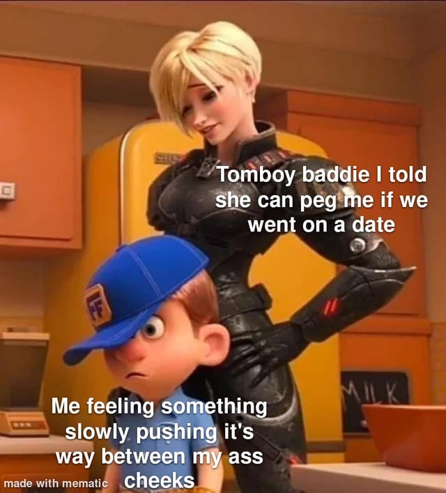 This meme repurposes a scene from Disney/Pixar's *The Incredibles*, featuring Helen Parr (Elastigirl) and Dash Parr, to create a humorous, cringey scenario about dating expectations. The text frames Helen as a 'tomboy baddie' who was told she could peg the narrator (represented by Dash) on their date. Dash's distressed expression contrasts with Helen's amused smirk, emphasizing the awkward, unexpected moment where the narrator feels an uncomfortable sensation, playing into the joke of unforeseen consequences of a dating agreement. The humor comes from the juxtaposition of family-friendly animated characters with a raunchy, awkward adult-themed scenario.