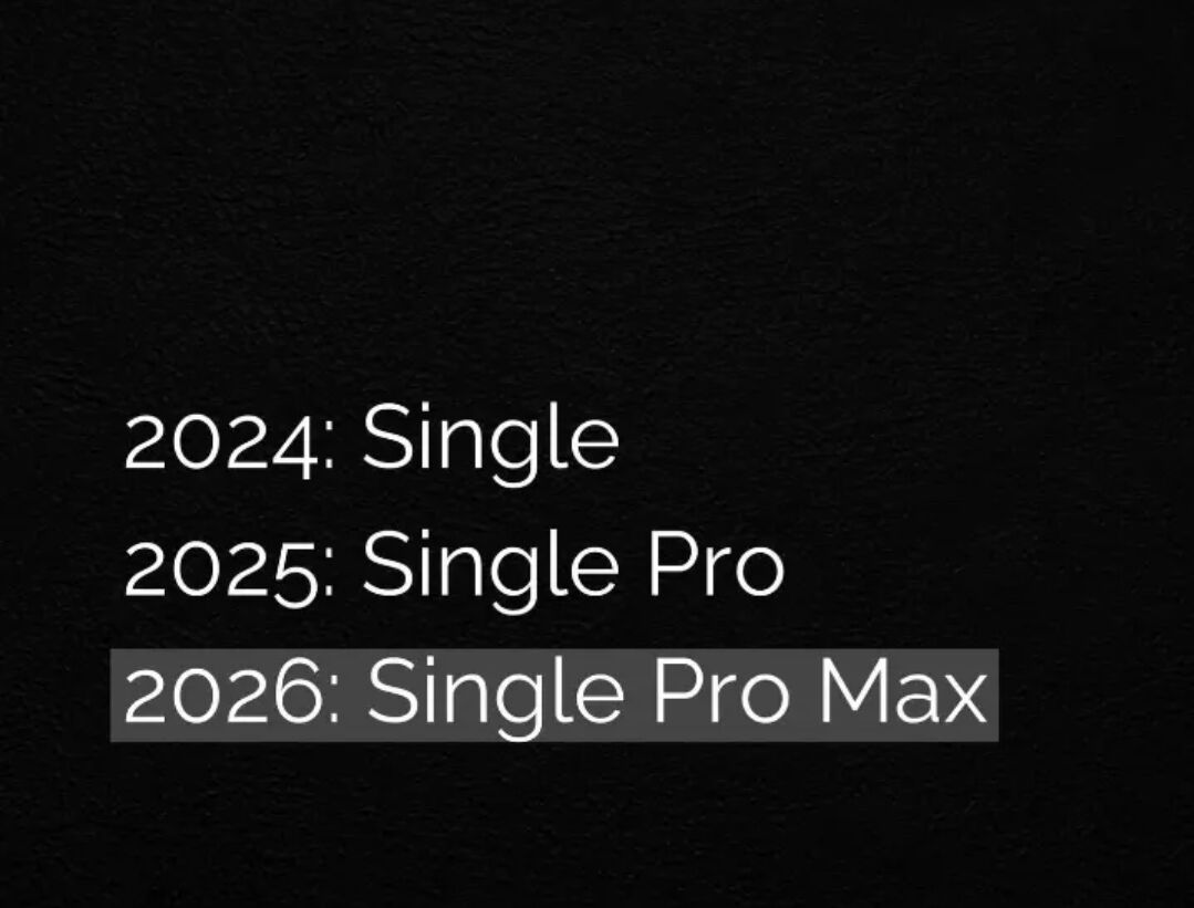The image features a black textured background with white text displaying a humorous progression of relationship statuses over three years: '2024: Single', '2025: Single Pro', and '2026: Single Pro Max', where the 2026 line is highlighted in a gray box. This meme playfully parodies tech product naming conventions (e.g., iPhone Pro/Pro Max) to humorously depict staying single with an escalating 'professional' status.