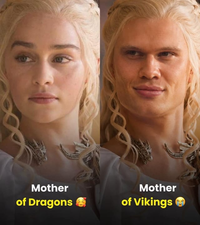 This is a two-panel side-by-side comparison meme. The left panel features a canonical still of Daenerys Targaryen from *Game of Thrones*, with her signature platinum blonde braided hair and dragon pendant necklace, captioned "Mother of Dragons 🥰". The right panel is an edited version of the same still, where Daenerys' face has been swapped for the face of a blonde male character from the TV show *Vikings*, keeping the exact same hairstyle, necklace, and outfit. The right panel is captioned "Mother of Vikings 😂". The humor comes from the striking visual similarity between the two characters' pale blonde hair, creating an absurdly funny parallel between the "Mother of Dragons" title from *Game of Thrones* and a jokingly invented "Mother of Vikings" title for the viking character placed in Daenerys' iconic look.