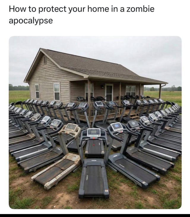 A meme image featuring the title 'How to protect your home in a zombie apocalypse' above a photograph of a small wooden house surrounded by an excessive number of treadmills. The treadmills are densely arranged around the house's perimeter, including the yard and porch, creating a humorous visual joke that suggests using unused treadmills as a physical barrier to protect against zombies. The absurdity lies in the impractical yet relatable idea of repurposing common household exercise equipment (often left unused) for survival in a fictional apocalypse scenario.