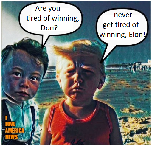 The image depicts two children with exaggerated facial features resembling Donald Trump and Elon Musk standing on a beach. The child on the left (resembling Elon Musk) has a speech bubble asking, 'Are you tired of winning, Don?' while the child on the right (resembling Donald Trump) responds, 'I never get tired of winning, Elon!' A watermark reading 'I LOVE AMERICA NEWS' is present in the bottom left corner. The scene is satirical, portraying the two public figures as children in a humorous context referencing their public personas of success.