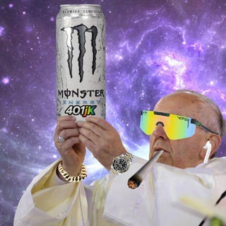A humorous reaction meme depicting a person resembling the Pope in an exaggerated, casual setting. The individual is wearing neon-colored sunglasses, a gold wristwatch, and is smoking a cigarette while holding a silver Monster Energy drink can labeled '4000K'. The background features a vibrant, cosmic starry sky, enhancing the surreal and playful tone. The meme likely references 'The Great Meme Reset', a hypothetical event in meme culture, with the character's nonchalant demeanor serving as a comedic reaction.