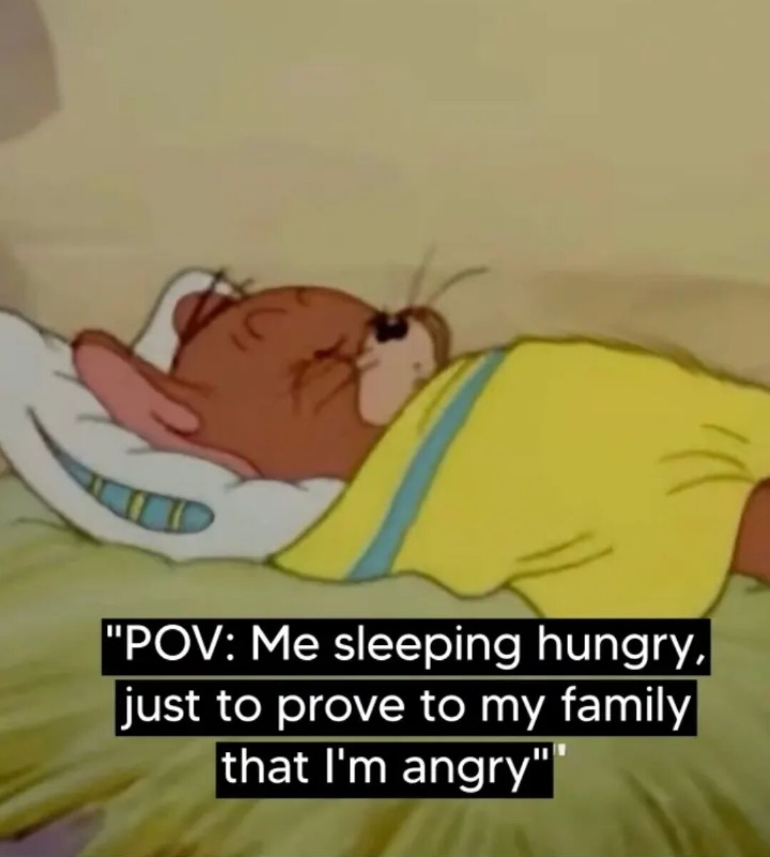 An animated meme featuring a cartoon character with brown fur, sleeping peacefully on a white pillow with a pink nose, covered by a yellow blanket with blue trim. The character has closed eyes and a content expression, contrasting with the overlaid text: 'POV: Me sleeping hungry, just to prove to my family that I'm angry'. The humor arises from the discrepancy between the character's calm sleeping appearance and the dramatic claim of being angry by refusing food.