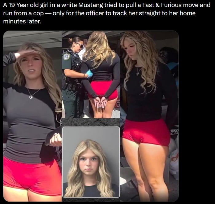 A collage of images depicting a 19-year-old woman who attempted to evade police using a 'Fast & Furious'-style maneuver in a white Mustang, only to be tracked and arrested shortly after. The images include the woman in a black top and red shorts, being handcuffed by a police officer, and a mugshot of her. The text above the collage summarizes the incident, highlighting the contrast between movie-style escapes and real-life consequences.