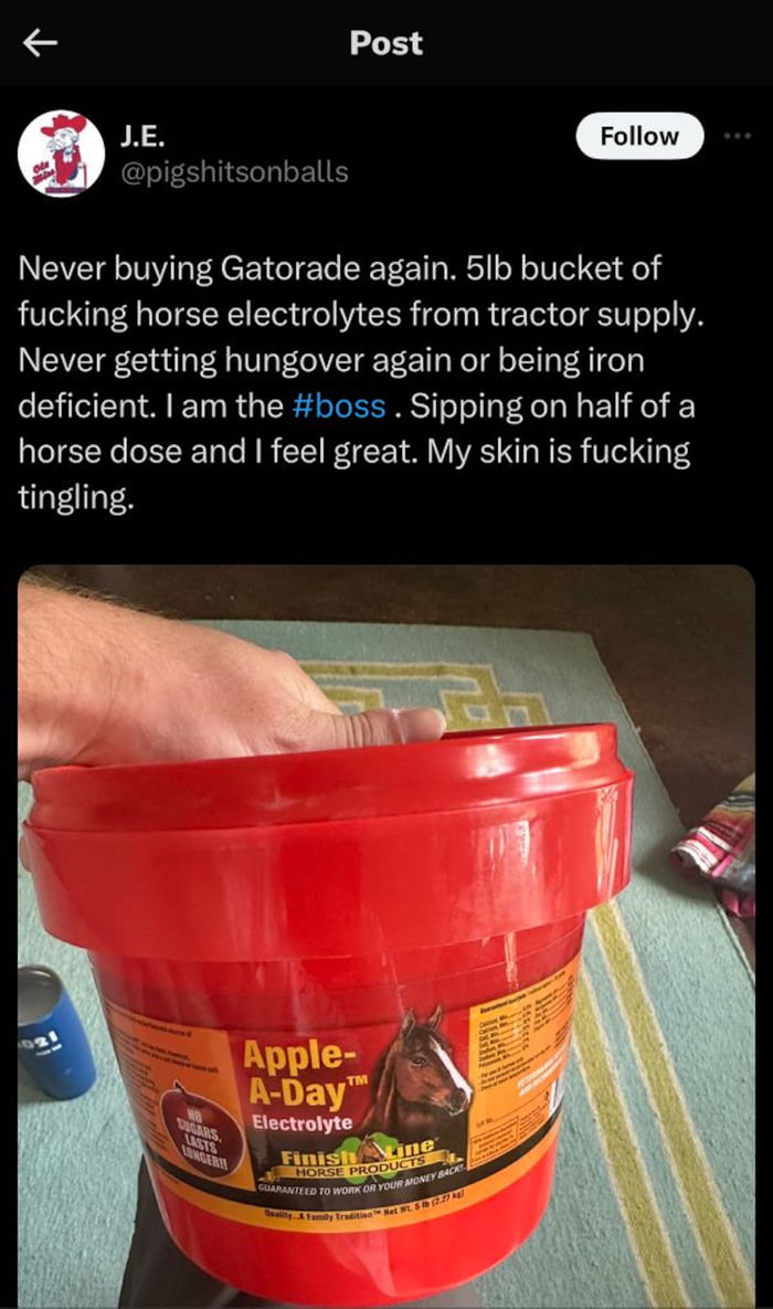 This is a screenshot of a viral social media post showing an absurd alternative to commercial sports drinks. The post from user J.E. explains the poster has stopped buying Gatorade, and instead uses a 5lb bucket of electrolyte supplement formulated for horses (purchased from farm retailer Tractor Supply) as a human drink. The poster claims this product will prevent hangovers and resolve iron deficiency, noting that after drinking half a standard horse-sized dose, they feel great and their skin is tingling. The attached photo shows the large red bucket of equine electrolyte supplement, with a person's hand resting on the bucket lid.
