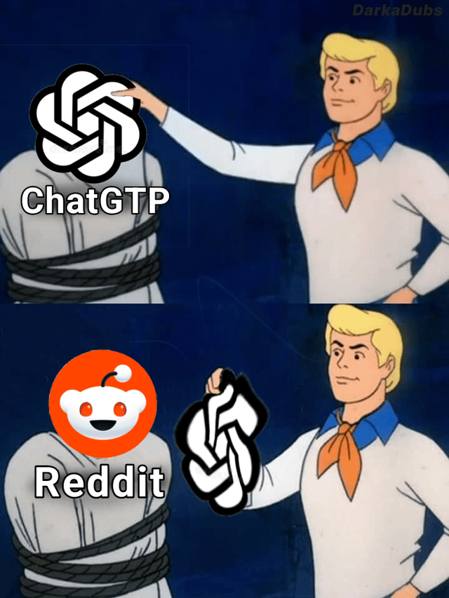 This is a 2-panel edited meme using the classic Scooby-Doo franchise unmasking scene template. In the first panel, the character Fred reaches to pull a mask off a figure tied up with rope; the mask displays the OpenAI ChatGPT logo, with the common misspelling 'ChatGTP' written below it. In the second panel, Fred holds the removed ChatGPT mask in his hand, revealing the face of the tied figure is the Reddit Snoo mascot logo, with the text 'Reddit' below it. The joke references the widely known fact that a large portion of the training data for ChatGPT and other large language models is scraped from public Reddit posts and discussions, implying ChatGPT's output is largely derived from Reddit user content, playing on the classic Scooby-Doo line 'And I would have gotten away with it too, if it weren't for you meddling kids'.