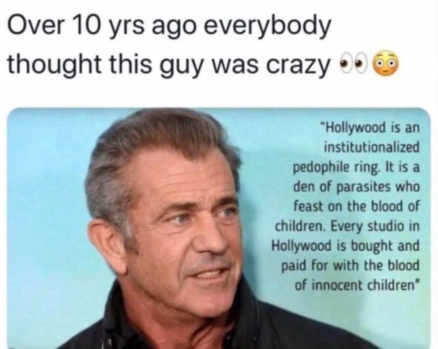 A meme featuring a photograph of a man resembling Mel Gibson with text overlay. The top text reads: "Over 10 yrs ago everybody thought this guy was crazy 👀😳". Below the image is a quote attributed to the man making serious allegations about Hollywood being an "institutionalized pedophile ring" and claiming studios are "bought and paid for with the blood of innocent children".
