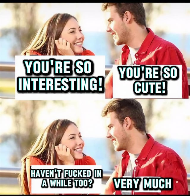A two-panel meme featuring a man and a woman in a romantic outdoor setting. In the top panel, the woman (with long brown hair, resting her hand on her cheek) has a text bubble reading 'YOU'RE SO INTERESTING!', while the man (in a red jacket) responds with 'YOU'RE SO CUTE!'. The bottom panel repeats the same visual scene but modifies the text: the woman's bubble changes to 'HAVEN'T FUCKED IN A WHILE TOO?' and the man's to 'VERY MUCH', humorously contrasting polite romantic compliments with implied raw, unfiltered thoughts.
