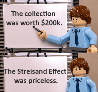 This is a two-panel meme using a Lego minifigure dressed as a business presenter next to a whiteboard. In the first panel, the minifigure points at whiteboard text that reads "The collection was worth $200k." In the second panel, the same minifigure stands beside whiteboard text that reads "The Streisand Effect was priceless." The sarcastic meme jokes that attempting to suppress or take punitive action over a $200k collection will cause far more expensive, irreversible damage via the Streisand Effect, the phenomenon where trying to hide or censor information causes it to spread far more widely, ultimately harming the party attempting suppression more than the original issue would have.