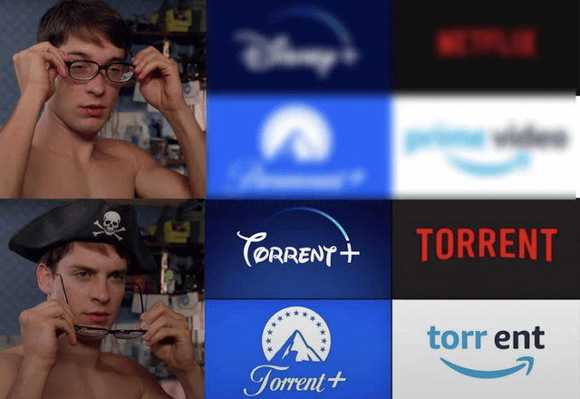 A two-panel meme featuring a shirtless individual (likely based on Tobey Maguire) adjusting eyeglasses. In the top panel, the person has a neutral expression, with background logos of major streaming services: Disney+, Netflix, Paramount+, and Prime Video. The bottom panel shows the same person now wearing a pirate hat with a skull and crossbones, displaying a mischievous expression; the background logos are replaced with 'Torrent+' variants that mimic the design style of the original streaming services. This visual contrast humorously suggests turning to torrenting as a response to rising streaming service prices.