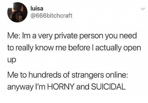 This image is a screenshot of a humorous X (formerly Twitter) post. The content presents a relatable contradiction: the poster first claims they are a very private person who only opens up to people who know them well, then contrasts this by stating that they freely share extremely personal, explicit and vulnerable details (that they are horny and suicidal) with hundreds of anonymous strangers online. The joke relies on dark, self-deprecating humor to point out the common disconnect between people's stated privacy boundaries and their actual behavior on semi-anonymous social media platforms.