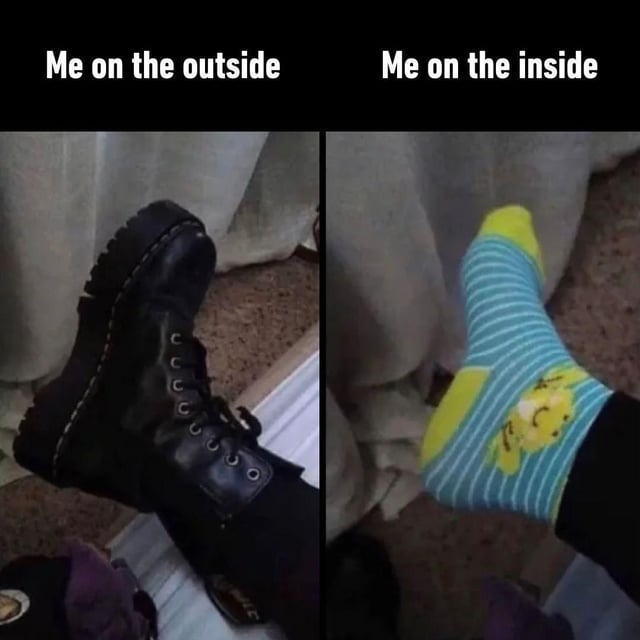A two-panel meme contrasting external appearance with inner self. The left panel, labeled 'Me on the Outside,' shows a black combat boot, suggesting a tough or serious exterior. The right panel, labeled 'Me on the Inside,' features a colorful blue and yellow striped sock with a cartoon character (resembling Winnie the Pooh), indicating a playful, lighthearted interior. The humor stems from the relatable contrast between public presentation and private personality.