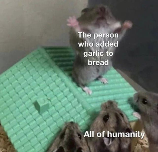 A meme image featuring several hamsters in an enclosure. One hamster stands upright on a green textured platform, labeled by overlaid text as 'The person who added garlic to bread.' Below, a group of hamsters looks up at the standing hamster, labeled 'All of humanity.' The image humorously portrays humanity collectively thanking the inventor of garlic bread through anthropomorphic hamsters, conveying a wholesome and appreciative tone.