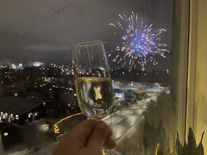 A nighttime photograph captured from a window, featuring a hand holding a champagne glass filled with golden liquid. The background showcases a vibrant cityscape illuminated by twinkling lights, with a prominent blue and gold firework bursting in the dark sky. Snow-covered streets and distant buildings add to the wintry atmosphere, while a potted plant on the right side frames the indoor setting. The scene balances celebration (fireworks, champagne) with solitude, reflecting the caption's themes of personal struggle and connection.