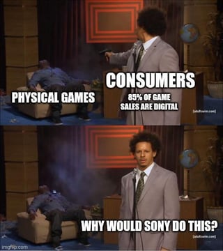 This is a two-panel satirical meme using the popular 'Who Killed Hannibal?' template from The Eric Andre Show. In the first panel, the character labeled 'CONSUMERS' shoots a person on the couch labeled 'PHYSICAL GAMES', with additional text noting that 85% of game sales are now digital. In the second panel, the same character turns to the camera with a confused, faux-innocent expression, with text reading 'WHY WOULD SONY DO THIS?'. The joke highlights hypocrisy in video game community discourse: consumers have overwhelmingly chosen to purchase digital copies of games, driving the decline of physical game media, but many then blame corporations like Sony for phasing out physical game support, rather than acknowledging their own purchasing habits contributed to this shift.