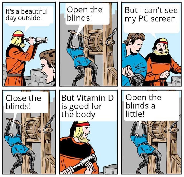 This is a 6-panel comic meme that uses medieval-themed characters to humorously exaggerate the common modern dilemma of balancing natural sunlight (for Vitamin D intake) and screen visibility when adjusting window blinds. 

**Panel Breakdown:**
1. A blonde character in orange clothing looks through a telescope, exclaiming "It's a beautiful day outside!" while a brown-haired character in blue reacts excitedly.
2. The orange-clad character shouts "Open the blinds!" as the blue-clad character operates an oversized medieval winch to adjust the large stone "blinds".
3. The blue character complains, "But I can't see my PC screen!" as both characters look frustrated.
4. The orange character commands "Close the blinds!" and the blue character uses the winch to shut them again.
5. The orange character, back to using the telescope, argues "But Vitamin D is good for the body!"
6. The orange character finally says "Open the blinds a little!" and the blue character adjusts the winch to a middle position.

The core humor comes from the anachronism: medieval-era characters dealing with a very modern problem (PC screen glare vs. sunlight for health), using an over-the-top medieval mechanism to exaggerate the everyday workspace struggle, making the relatable scenario feel absurd and funny.