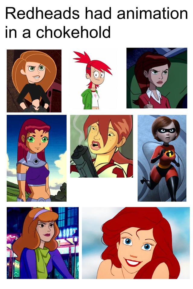 A 3x3 grid collage featuring nine animated female characters with red or reddish-brown hair. The top of the image contains the text 'Redheads had animation in a chokehold,' emphasizing the prominence of red-haired characters in animated media. Each character is a screenshot from various animated TV shows or movies, showcasing different styles and personalities, from superheroes to everyday teens, highlighting the diversity and iconic status of red-haired characters in animation history.