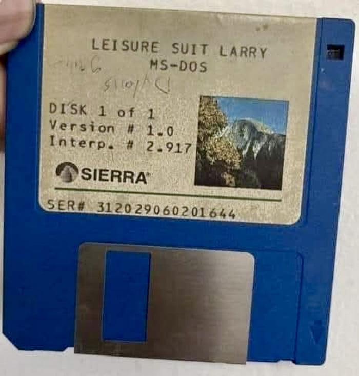 A close-up photograph of a blue 3.5-inch floppy disk labeled 'LEISURE SUIT LARRY MS-DOS'. The disk features printed text indicating it is 'DISK 1 of 1, Version # 1.0, Interp. # 2.917' with a serial number '312029060201644'. The bottom left corner displays the 'SIERRA' logo, and the right side has a small printed image of a mountain landscape with trees. A partial hand is visible on the left edge, holding the disk. The original 9Gag title 'I've been there... ...millions of years ago.' humorously emphasizes the nostalgia and perceived antiquity of floppy disks and early computer games.