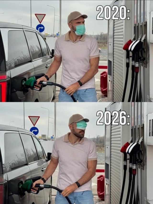 This is a two-panel comparison meme that uses a simple visual trick to joke about rapidly rising gasoline prices and general inflation. The top panel labeled 2020 shows a masked man filling his car at a gas station, holding the base of the fuel nozzle to represent when gas was more affordable. The bottom panel labeled 2026 shows the same man with his mask slid up to cover his eyes; his hand now grips the fuel nozzle much further down the handle, creating the visual illusion that the nozzle has grown much larger. The joke implies that gas prices have increased so drastically that consumers can now only afford to buy a tiny amount of gas at a time, exaggerating the loss of purchasing power from inflation.