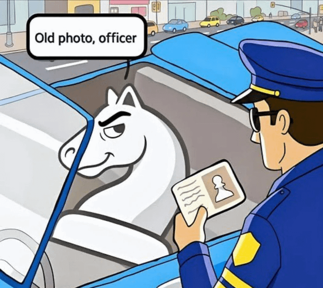 An illustration meme depicting a traffic stop scenario. A police officer in a blue uniform with sunglasses stands outside a car, holding a driver's license that shows a chess knight's head. Inside the car sits a white chess knight piece with a slightly annoyed expression, speaking through a speech bubble: 'Old photo, officer'. The background features an urban street with cars and buildings, creating a realistic setting. The humor arises from the visual pun of the inanimate chess knight personified as a driver, using the common excuse of an 'old photo' to explain discrepancies in identification, subverting expectations of a typical traffic stop.
