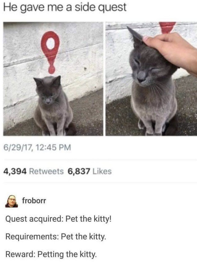 This is a two-panel wholesome meme that combines real cat photography with video game side quest terminology. The top text above the panels reads 'He gave me a side quest'. The left panel shows a grey cat sitting against a concrete wall, with a red map location pin (a common quest marker in open-world video games) edited to float above the cat's head, framing the cat as a quest giver. The right panel shows the same grey cat being petted on the head by a human hand, looking visibly content with its eyes closed. Below the panels is a screenshot of the original X (Twitter) post UI, showing the post was published on June 29, 2017, with 4,394 retweets and 6,837 likes, followed by the poster's comment framing petting the cat as a side quest: 'Quest acquired: Pet the kitty! Requirements: Pet the kitty. Reward: Petting the kitty.' The humor comes from framing the simple, low-stakes, rewarding act of petting a cat as a video game side quest, which is relatable to both pet lovers and video game players.