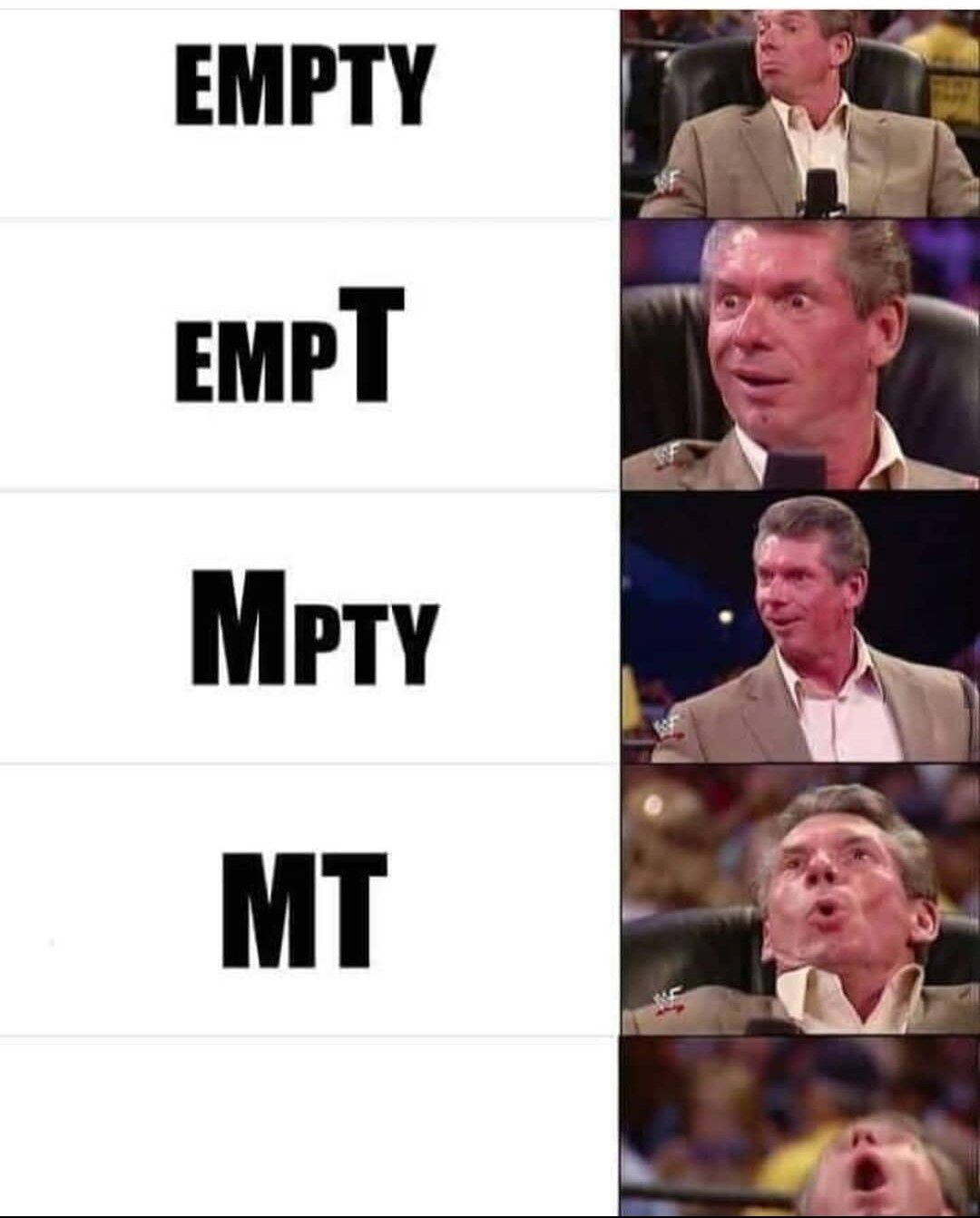 This is a 5-panel progressive reaction meme that uses the popular Vince McMahon reaction template. The meme features absurdist wordplay: the word "EMPTY" is progressively stripped of and rearranged as letters are removed across each panel, going from full "EMPTY" to "EMPT", then to "Mpty", and finally to "MT". Each step is paired with a more intense, over-the-top facial reaction from Vince McMahon, ending with him screaming in the final panel. The joke relies on the absurdity of "emptying" the word "EMPTY" itself, with the increasingly extreme reaction escalating the silly wordplay into humor.