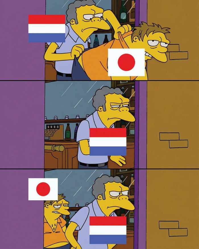 This is a 3-panel edited meme using a classic scene from The Simpsons. The first panel shows bartender Moe Szyslak, overlaid with the flag of the Netherlands, aggressively dragging regular patron Barney Gumble, overlaid with the flag of Japan, out of the bar by his shirt. The second panel shows Moe closing the door alone, appearing satisfied that he has removed Barney. The third panel shows Barney sneaking back into the bar behind Moe, who remains facing forward and unaware of his return. The meme humorously references a dynamic where the Netherlands appears to have defeated or removed Japan from a competition, only for Japan to unexpectedly return.