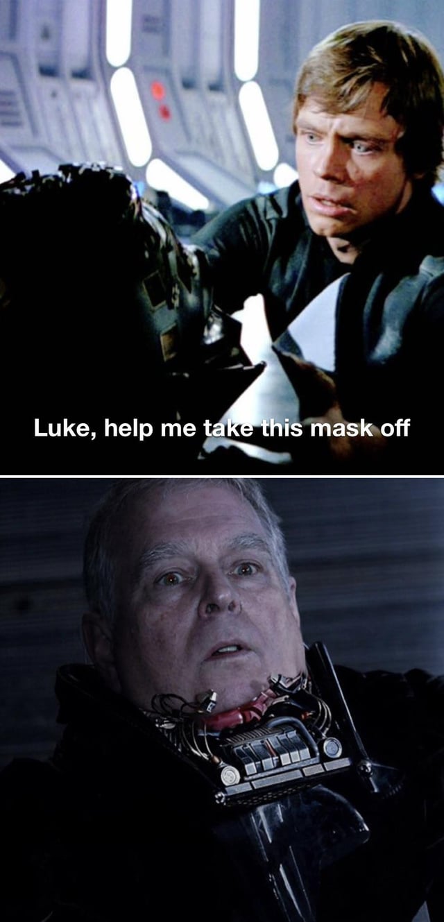 This two-panel meme parodies the iconic unmasking scene from *Star Wars: Return of the Jedi*. The top panel features Luke Skywalker (Mark Hamill) looking intently at a masked figure, accompanied by the text 'Luke, help me take this mask off'—a direct line from the original film. The bottom panel replaces Darth Vader's unmasked face with that of Prince Andrew, positioned within Vader's life support chest apparatus. The meme creates a satirical joke, equating Prince Andrew's controversial public image to Vader's restrictive mask, implying a desire to 'remove' his negative public perception.