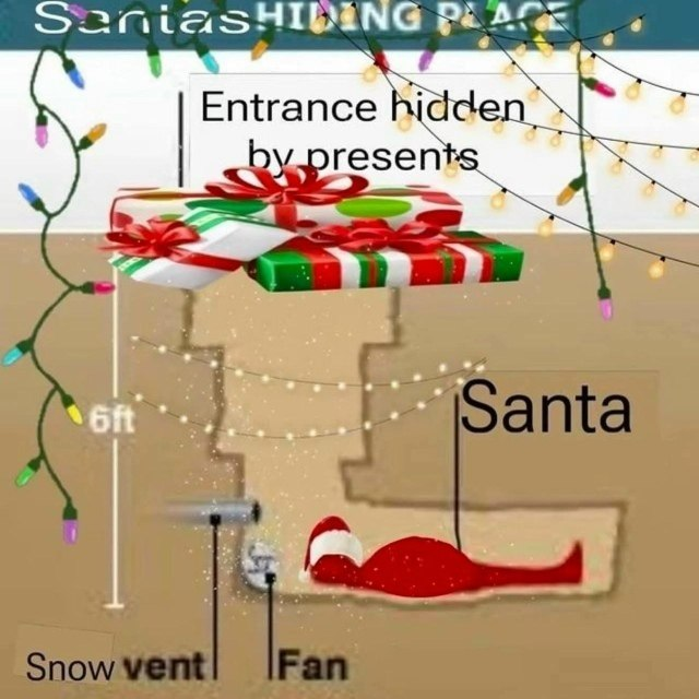 A humorous Christmas-themed diagram titled 'Santa's Hiding Place' featuring colorful Christmas lights draped around the edges. At the top, stacked gift boxes with red bows are labeled 'Entrance hidden by presents,' blocking access to a 6-foot deep hole below. Inside the hole, Santa Claus is depicted lying at the bottom, with labels pointing to a 'Snow vent' and 'Fan'—likely whimsical elements suggesting how Santa might hide. The image uses festive imagery and a diagrammatic style to create a lighthearted holiday joke about Santa concealing himself behind presents.