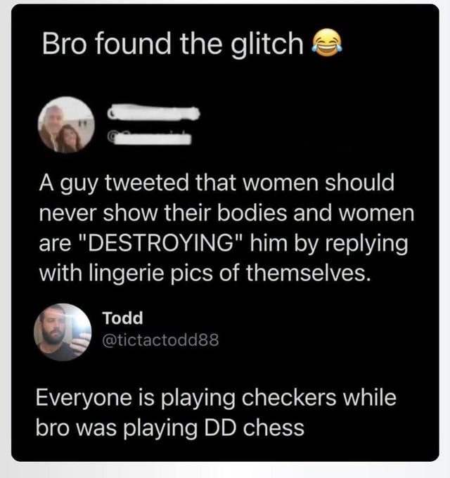 This is a screenshot-based social media meme. The top line reads "Bro found the glitch 😂", followed by context: a man posted a public tweet complaining that women should never share photos of their bodies, and claimed women are "DESTROYING" him by replying to his tweet with photos of themselves in lingerie. A reply from Twitter/X user Todd (@tictactodd88) follows, joking "Everyone is playing checkers while bro was playing DD chess". The core joke is the implication that the man did not genuinely hold the conservative opinion he posted, but instead intentionally made the provocative take to trick women into sending him free lingerie photos, essentially exploiting a "glitch" in how internet users respond to controversial takes to get the content he desired.
