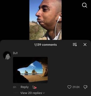 This is a Reddit screenshot meme. The top portion shows an original post's image: a profile shot of a bald man wearing wired white earbuds, with a very prominent, sharply angled jawline, standing outdoors with grassy terrain and a clear blue sky in the background. Below the post image is the Reddit comment section, showing 1,139 total comments. The top comment, left by user 'DJ!', includes an image of a natural coastal rock arch opening viewed from inside a cave, whose shape perfectly matches the outline of the man's jawline. The core joke is that the man's jawline is so sharply defined it looks identical to a naturally occurring geological rock formation.