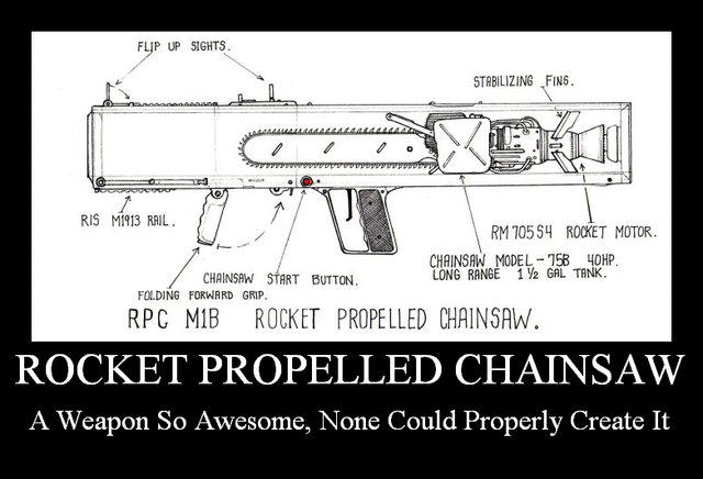 This meme features a technical line drawing schematic of the fictional absurd weapon, the RPG M1B Rocket Propelled Chainsaw. The weapon absurdly combines a rifle-style gun frame with an integrated chainsaw mounted along its body and a rocket motor at the rear end, with every component labeled: flip up sights, RIS M1913 rail, folding forward grip, chainsaw start button, the chainsaw module, and the rear rocket motor with stabilizing fin. Below the schematic, in a large motivational poster-style text block, it reads "ROCKET PROPELLED CHAINSAW / A Weapon So Awesome, None Could Properly Create It", leaning into the joke of this impractical, over-the-top destructive weapon concept.