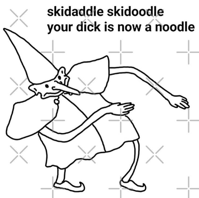 A black-and-white line drawing meme featuring a whimsical, cartoonish wizard or gnome character. The character has a tall pointed hat, a long curved nose, and wears a simple robe. It is depicted in a dynamic, playful pose with one arm extended outward and the other bent, suggesting dancing or energetic gesturing. At the top of the image, bold, centered text reads: 'skidaddle skidoodle your dick is now a noodle'—a nonsensical, humorous phrase typical of lighthearted internet memes. The background features a faint, repeating grid of X patterns, possibly serving as a subtle watermark or texture.