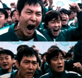 This is a two-panel reaction meme utilizing footage from the hit Netflix Korean drama *Squid Game*. The top panel depicts a crowd of *Squid Game* contestants in matching green tracksuits cheering loudly, yelling with raised fists in visible excitement. The bottom panel shows the exact same group of people immediately going silent, their cheering stopped as they display shocked, confused, and disappointed expressions. Paired with the title 'Elon Musk is no longer a Billionaire', the meme satirizes the reaction of people critical of Elon Musk: they first celebrate enthusiastically at the news of him losing his billionaire status, only to immediately stop when they realize he still retains hundreds of millions of dollars in wealth, or the report is misleading and he still remains a billionaire.