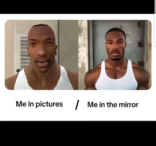 This is a two-panel comparison meme. The left panel depicts a digitally drawn Black man in a white tank top with distorted, unflattering, stretched facial and body proportions, labeled 'Me in pictures', representing how people often appear awkward or less attractive in candid or poorly angled photographs. The right panel shows the same character drawn as very handsome, muscular, and well-proportioned, labeled 'Me in the mirror', representing how people perceive their own appearance as much more appealing when looking at their reflection. The joke taps into the widely relatable experience of disliking how one looks in photos compared to their own self-perception when looking in a mirror.
