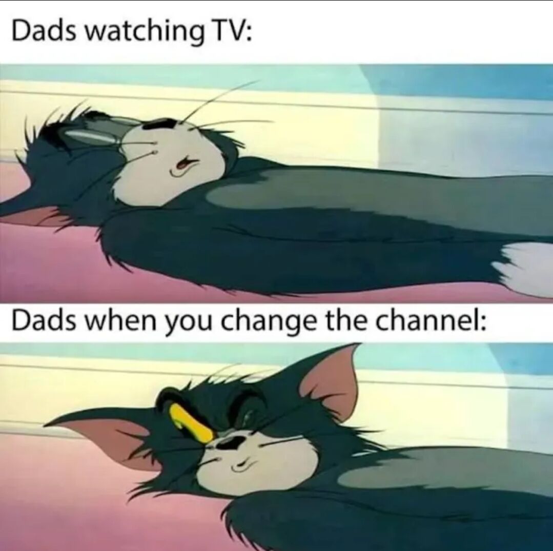 A two-panel meme using animated stills of Tom from Tom and Jerry. The top panel, labeled 'Dads watching TV:', shows Tom lying relaxed with half-closed eyes, mouth slightly open, appearing sleepy. The bottom panel, labeled 'Dads when you change the channel:', shows Tom with narrowed yellow eyes, ears perked up, and a more alert, slightly annoyed expression, humorously contrasting the calm and reactive states of dads regarding TV channel changes.