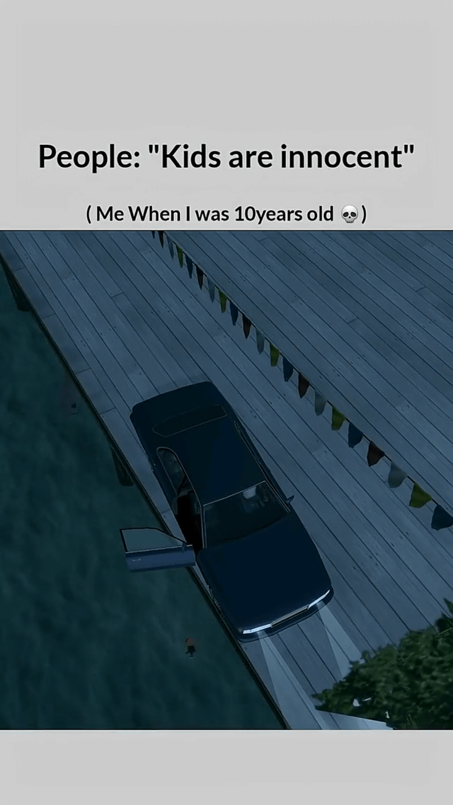 This meme image subverts the common stereotype that "kids are innocent" with a humorous, self-deprecating joke. The top section features text: "People: 'Kids are innocent'" followed by "(Me When I was 10years old 💀)". The lower section is a gameplay screenshot from a Grand Theft Auto (GTA) game, showing a dark sedan parked on a wooden pier over a body of water. The car's driver-side door is open, and a small figure (representing the poster's 10-year-old self) is falling into the water below. This visual implies the child engaged in reckless, mischievous behavior (like driving a car onto a pier and falling out) that directly contradicts the "innocent kid" trope. The skull emoji adds an edgy, darkly humorous tone to the anecdote about childhood mischief.