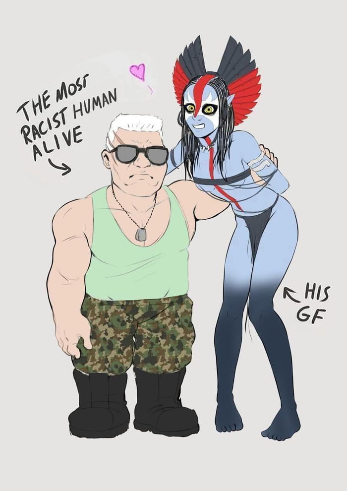A digital illustration depicting a muscular, white-haired man labeled 'THE MOST RACIST HUMAN ALIVE' wearing a green tank top, camouflage shorts, sunglasses, and a dog tag necklace. He stands with a stern expression, his arm around a blue-skinned, humanoid woman resembling the Na'vi from Avatar, who is labeled '← HIS GF' with a small heart above her head. The woman has red and black feathered headdress, white and red face paint, and a tight outfit, smiling affectionately as she leans on the man. The image uses satire to contrast the man's label as 'racist' with his relationship with a non-human (alien) girlfriend, creating a humorous and ironic juxtaposition.
