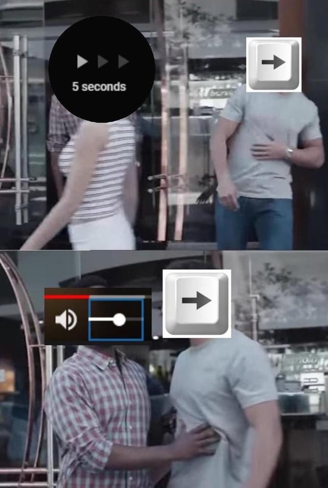 A two-panel meme collage featuring real-life scenes with added video player overlay elements. Top panel: A man in a light gray t-shirt and blue jeans stands near a glass door with his hand on his stomach; a woman in a striped tank top and white shorts walks past him. Overlays include a black circle with '5 seconds' and three play icons, plus a white square with a right arrow. Bottom panel: The same gray-shirted man interacts with another man in a checkered shirt, who touches his arm. Overlays here include a volume control slider (with a speaker icon and a white dot on a blue line) and another right arrow icon. The overlays suggest a timed or sequential context, creating a humorous or confusing narrative of the interaction.